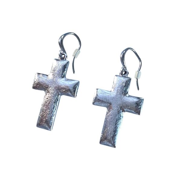 Brushed Silver Cross Earrings - Picture 2 of 4